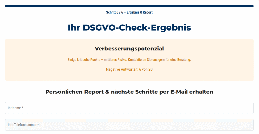 Screenshot eines Beispielergebnisses von unserem DSGVO Quick-Check